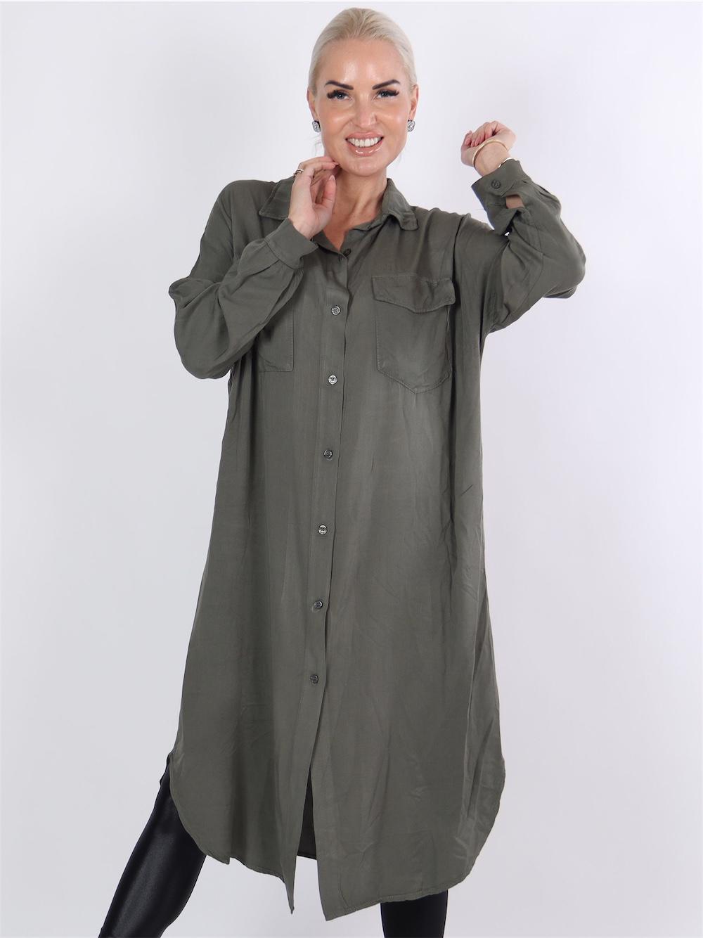 Manya - Armygrøn lang skjortekjole med lommer på brystet